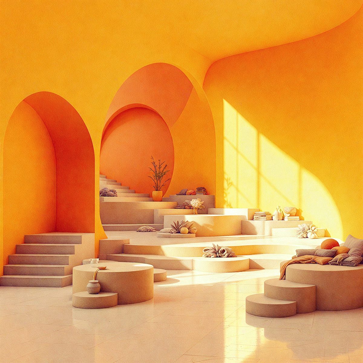 The primary subject of the image is a large, brightly lit room with a yellow color scheme. The room features a variety of decorative elements, including a large number of potted plants, vases, and bowls. The setting is a sunlit, open space with a modern design. The visual style of the image is a combination of photo and digital art, creating a vibrant and inviting atmosphere. The colors and mood of the room are warm and welcoming, with the bright yellow walls and the abundance of greenery creating a sense of freshness and vitality.